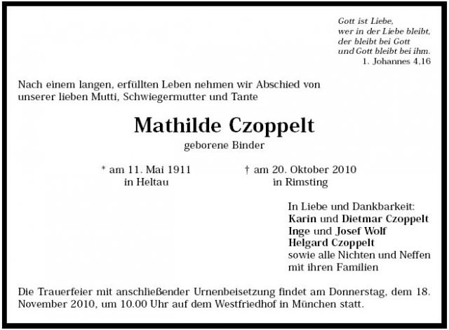 Binder Mathilde 1911-2010 Todesanzeige